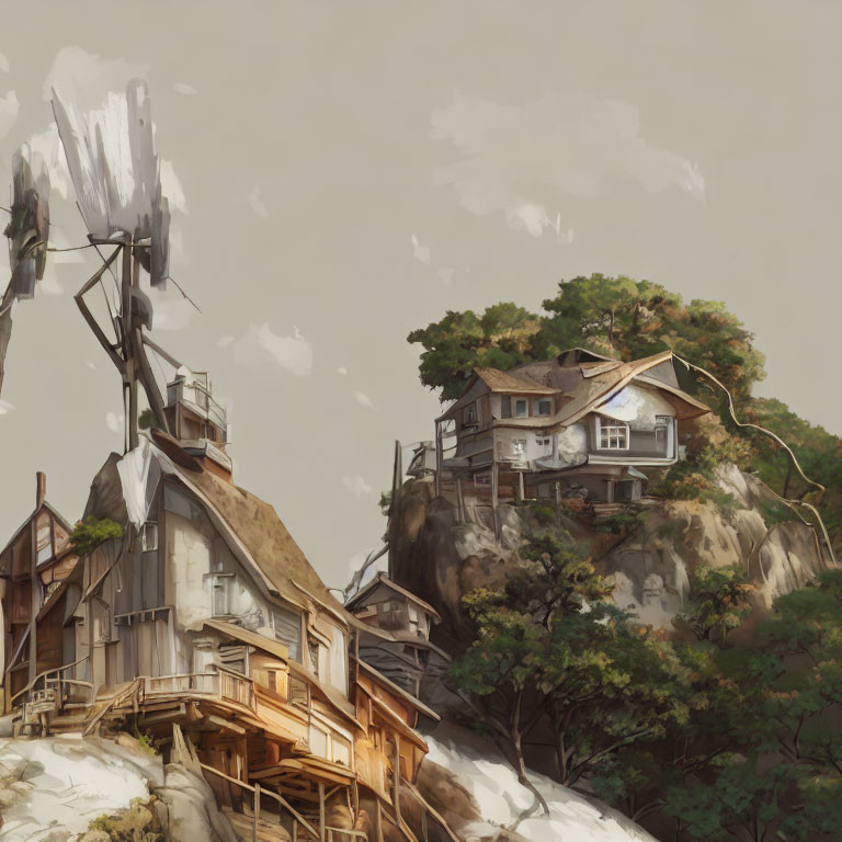 Cliffside village with tiered wooden homes and walkways among rocky outcrops.