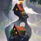 Illustration of Fairytale Cottage on Rocky Pinnacle Amidst Waterfalls