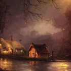 Tranquil riverside scene at dusk with illuminated treehouse and ivy-covered cottage