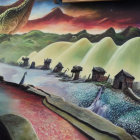 Fantastical dusk landscape with village houses and mythical creatures