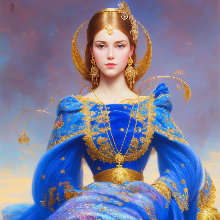 Regal woman in blue-gold dress with gold jewelry against cloud-filled sky.