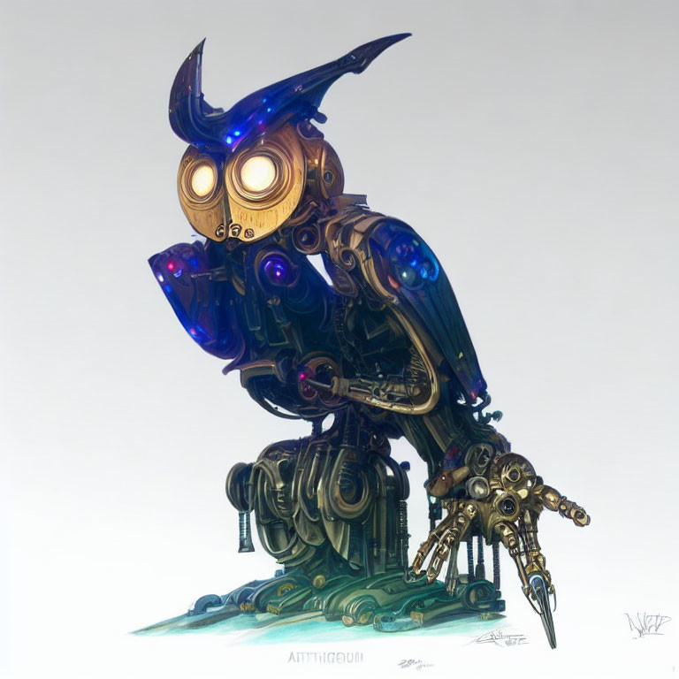 Mechanical owl art: bronze body, blue accents, steampunk style