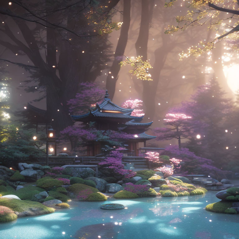 Traditional Japanese garden with pagoda, cherry blossoms, lanterns, and pond at dusk