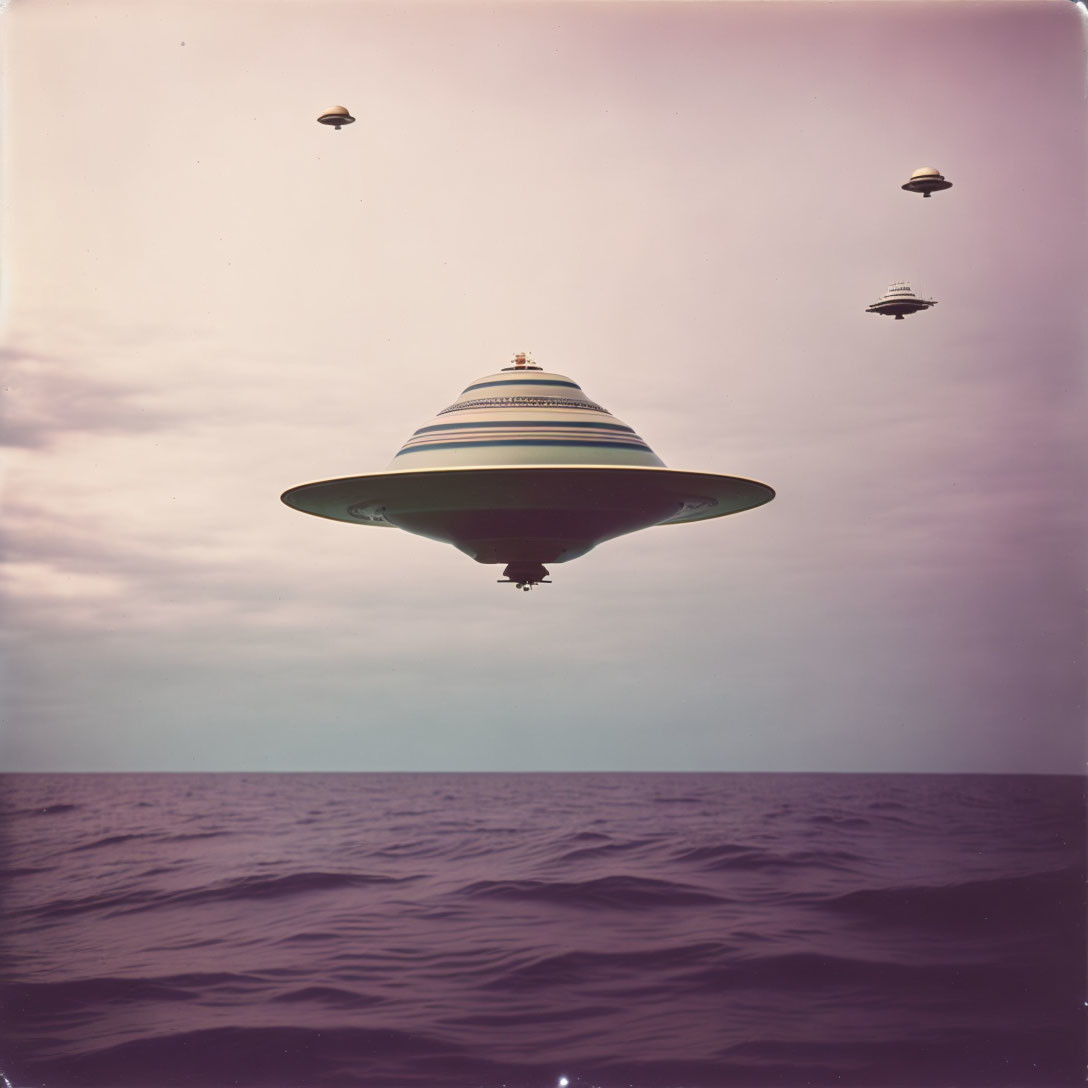 Vintage UFOs Hovering over Calm Sea at Dusk