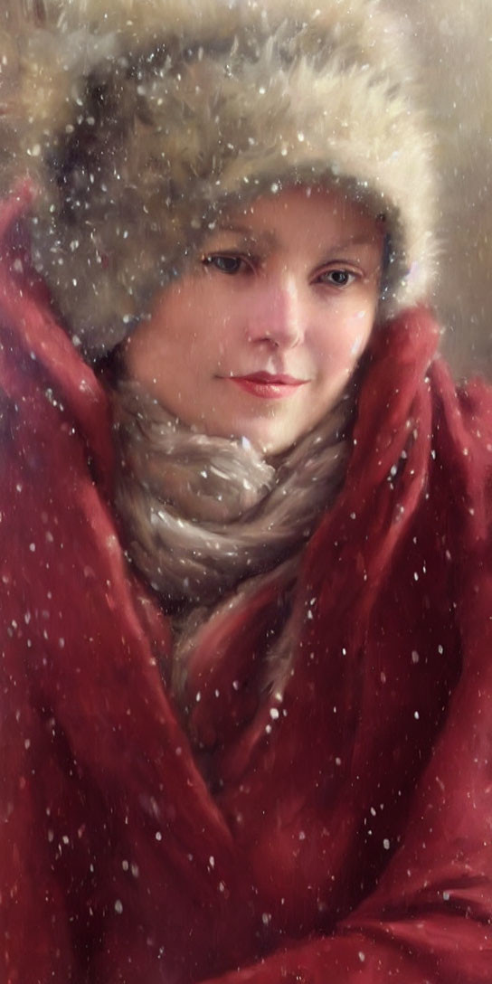 Person in Red Winter Coat with Fur-Trimmed Hat in Snowfall