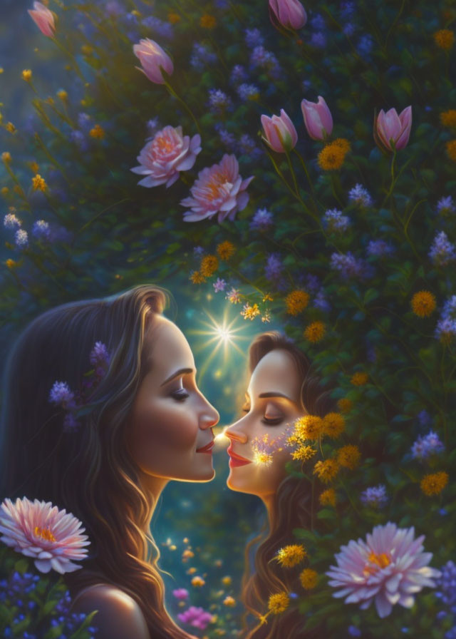 Digital painting of two women's profiles among vibrant flowers with glittering light.