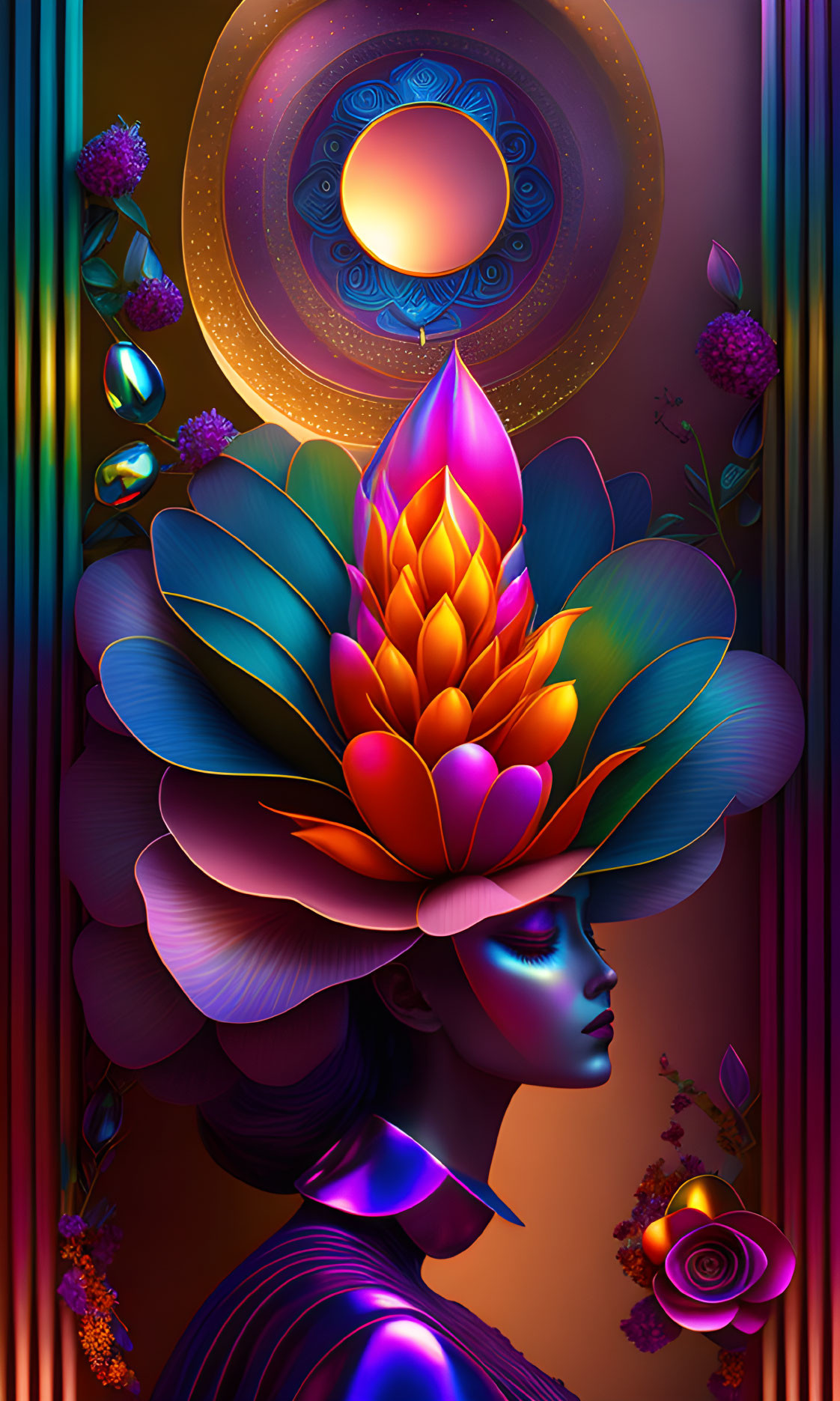 Colorful digital artwork: Woman with floral headdress in cosmic setting