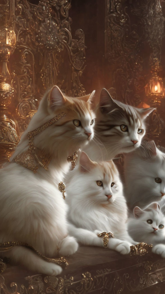 Luxurious white and light brown fur cats adorned with gold jewelry in opulent room