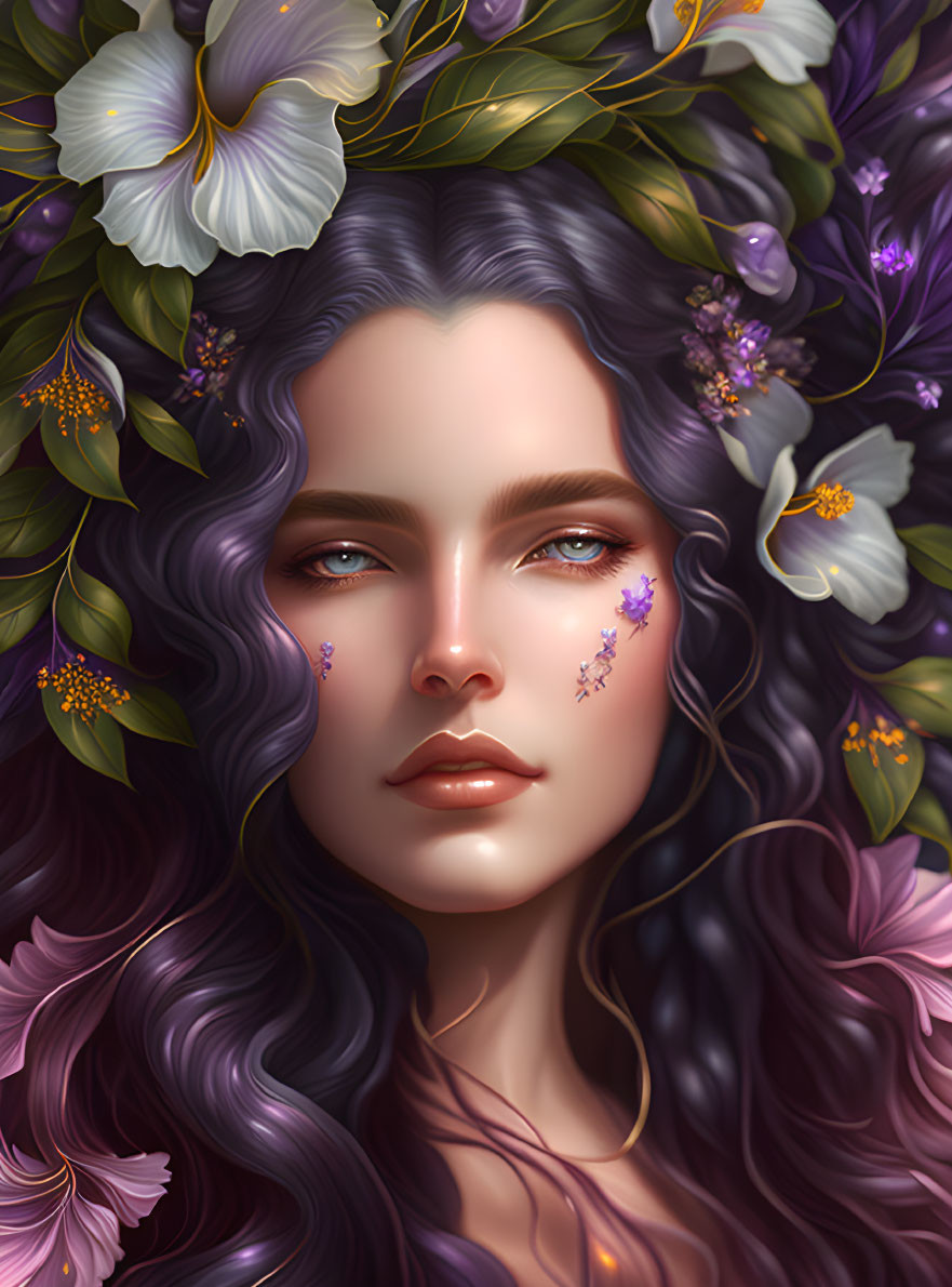 Woman with Purple Wavy Hair and Flower Crown Illustration