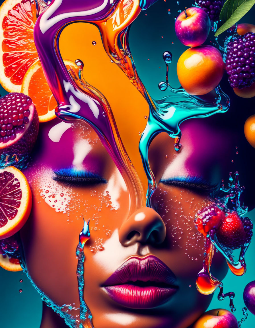 Colorful liquid flows blend with fruits and a woman's face in vibrant artwork