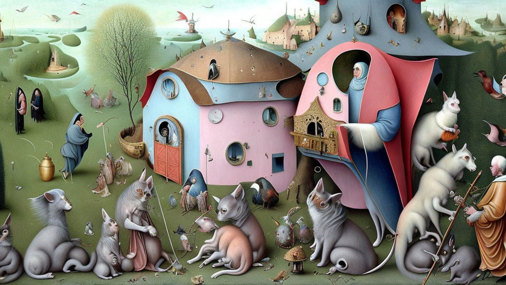 Colorful anthropomorphic cat landscape with cat-shaped houses.