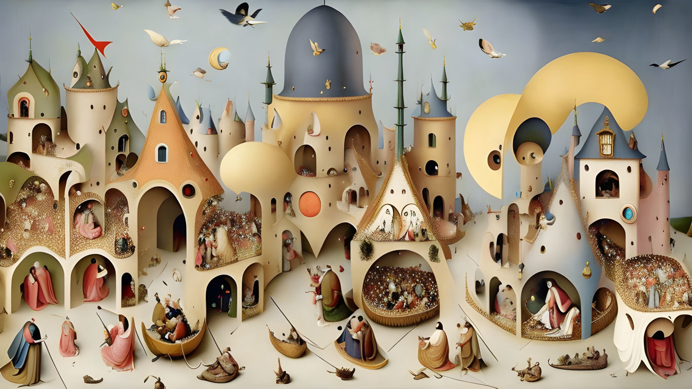 Whimsical fantasy landscape with bustling town and diverse characters