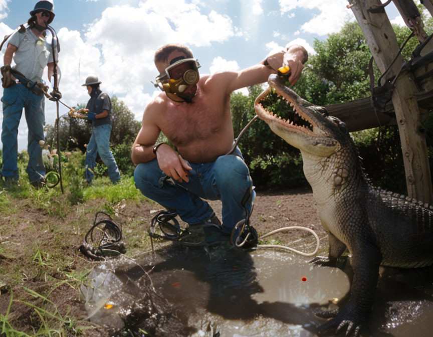 Man Feeding Alligator in Sunny Grassy Environment