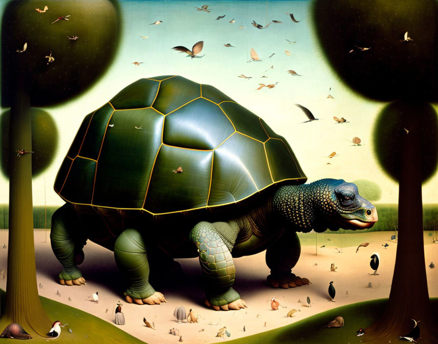 Hyperrealistic Oversized Tortoise Painting on Beach with Birds, Butterflies, and Seashells