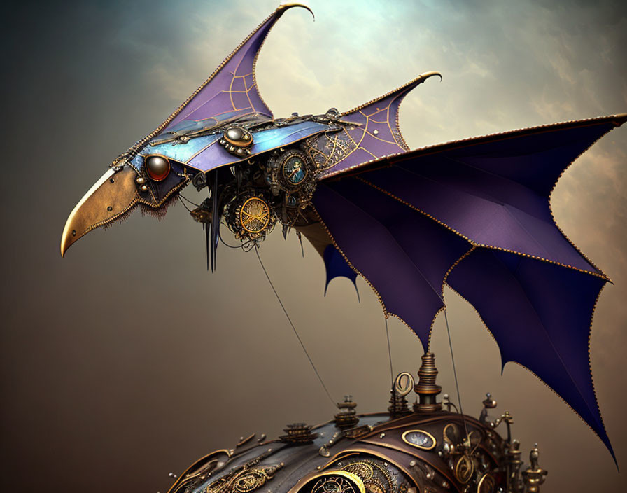 Steampunk mechanical dragon with brass gears and purple wings on ornate sphere