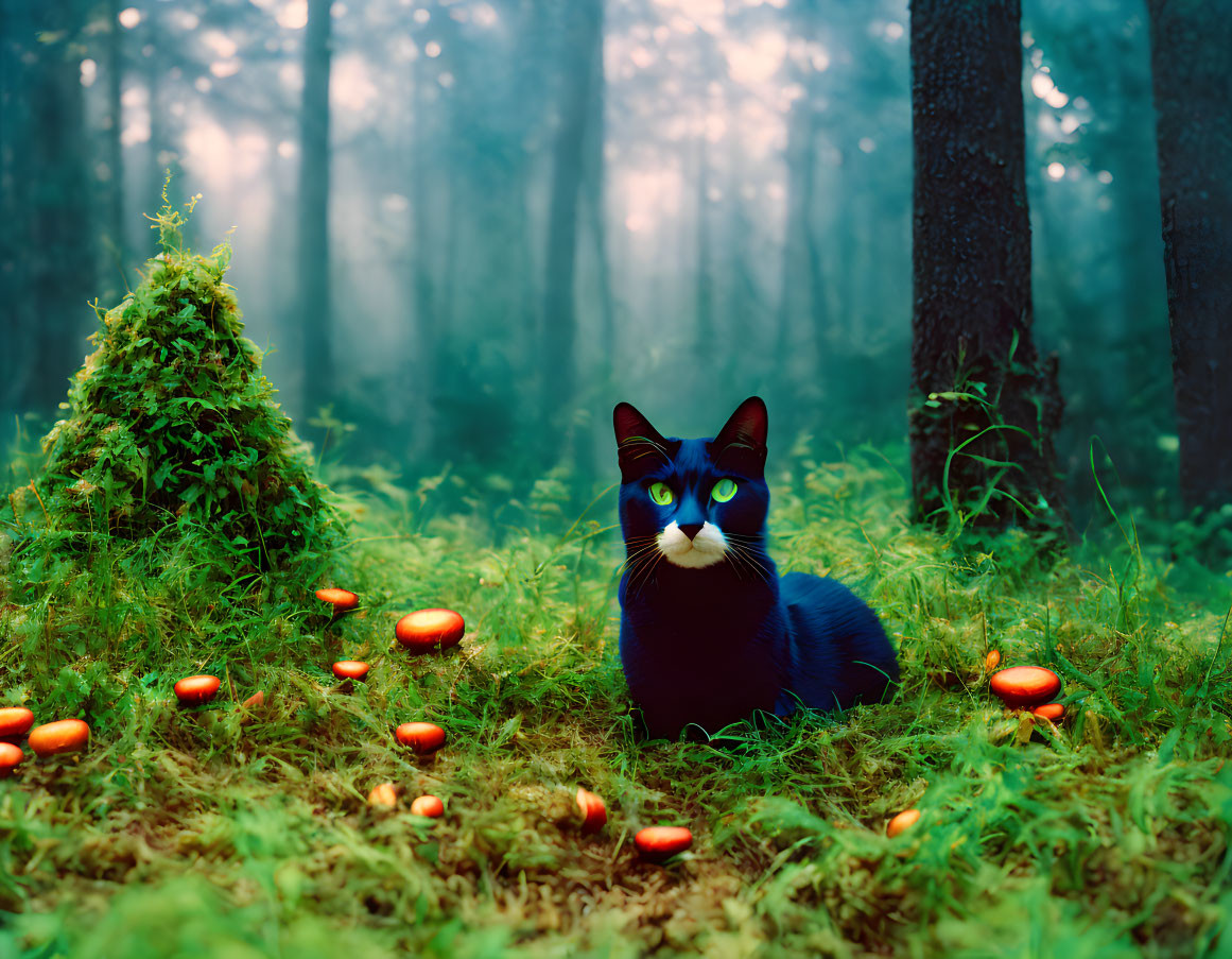 Black Cat with Blue Eyes in Misty Forest with Red Mushrooms