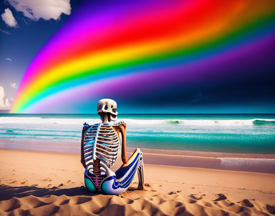 Smiling skeleton on beach with rainbow and ocean view