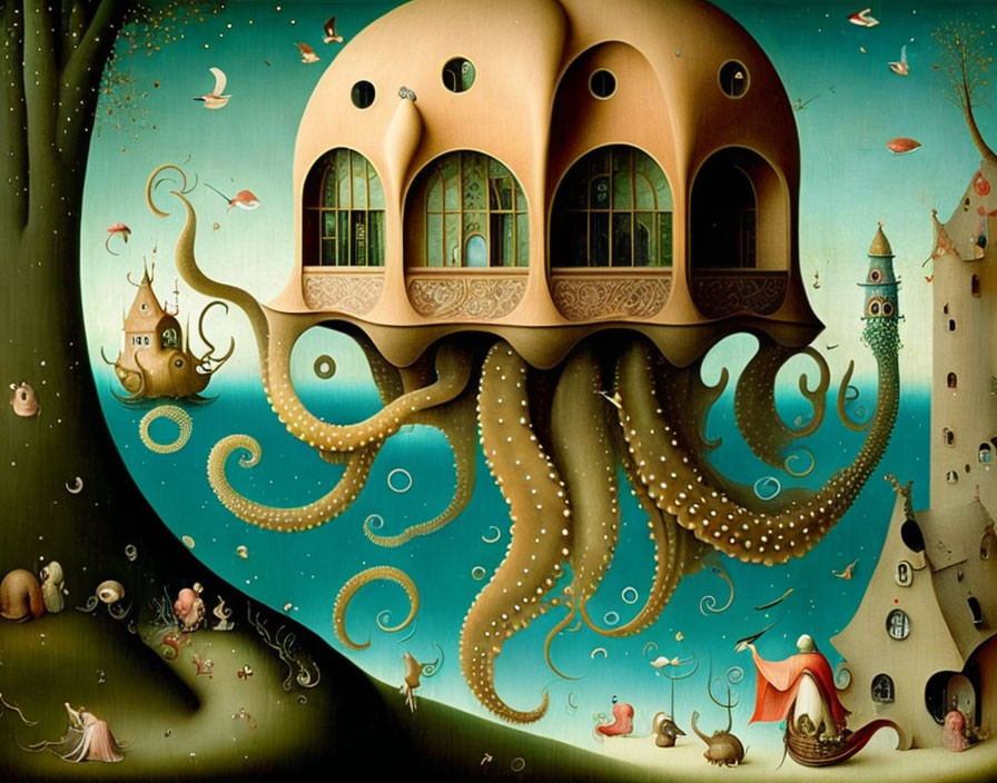 Fantasy octopus-shaped structure with tower and surreal creatures in green landscape