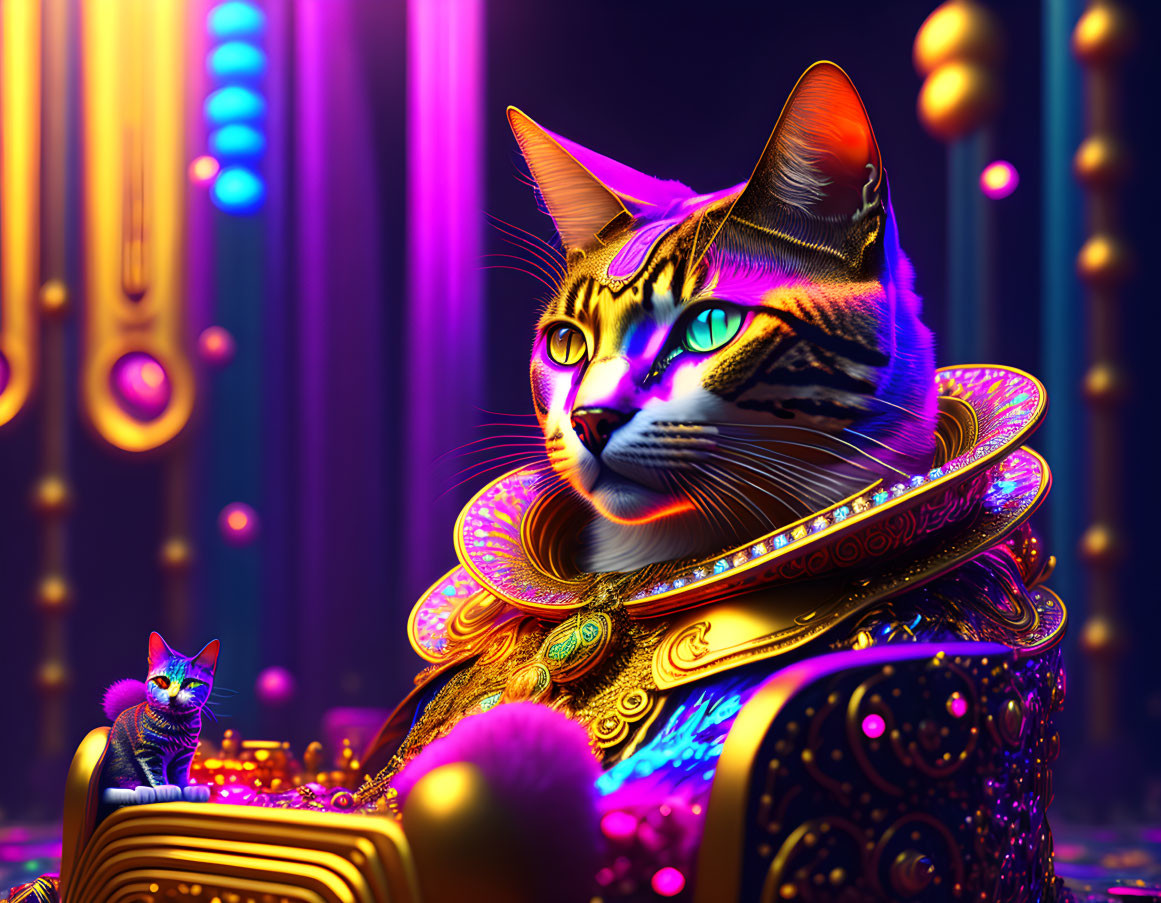 Regal cat in golden attire in neon-lit setting