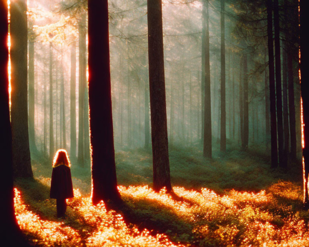 Silhouette of a person in misty forest with warm sunlight filtering through tall trees