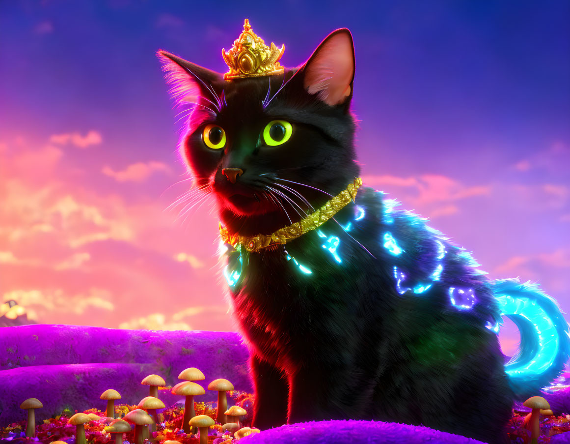 Black Cat with Crown and Glowing Blue Necklace Surrounded by Colorful Mushrooms under Purple and Pink