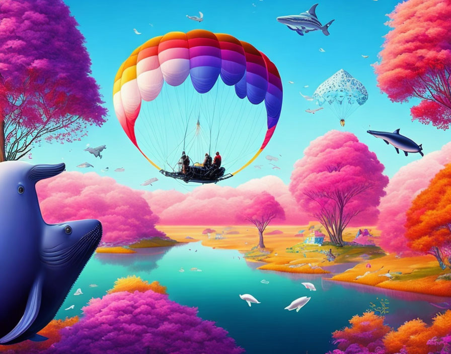 Colorful hot air balloon flying over magical landscape with pink trees, flying whales, and whimsical river