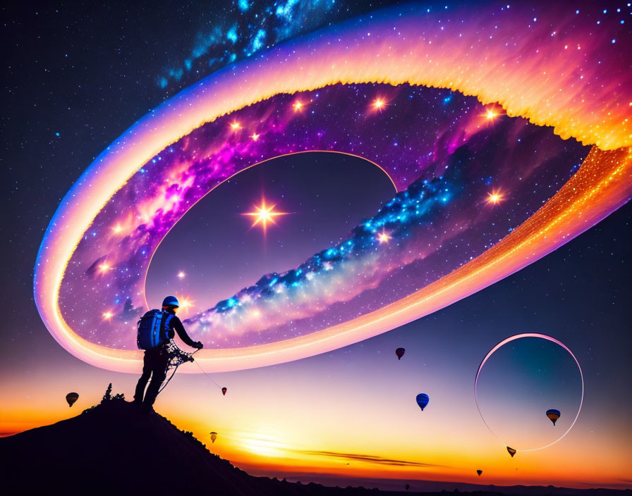 Person admires surreal sunset sky with cosmic infinity loop, stars, and hot air balloons