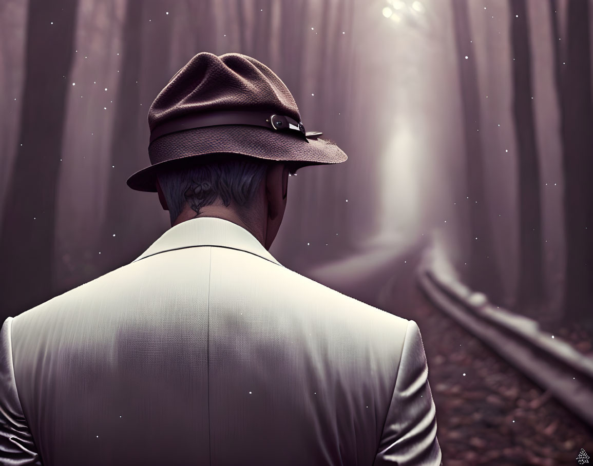 Person in Fedora Hat and Suit on Foggy Forest Path with Neck Tattoos