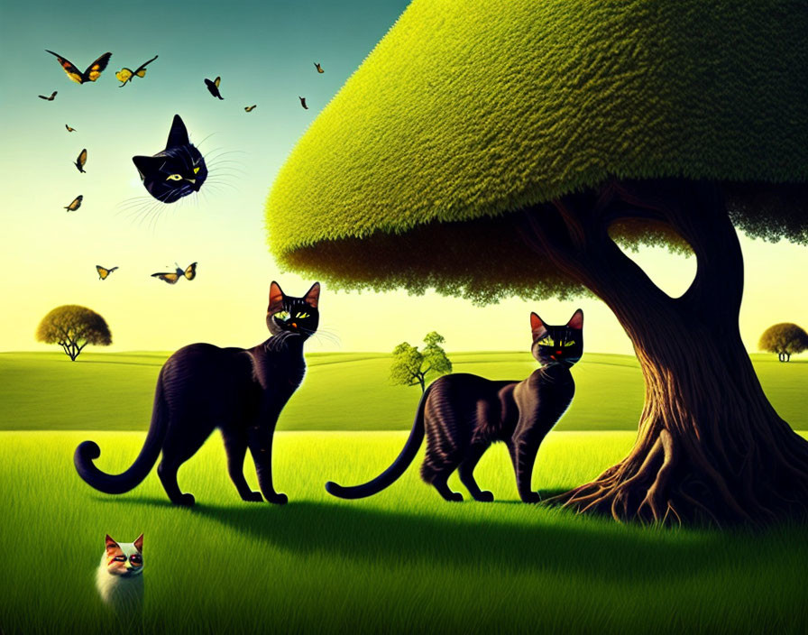 Two Black Cats and Butterfly-Winged Cat in Surreal Green Landscape