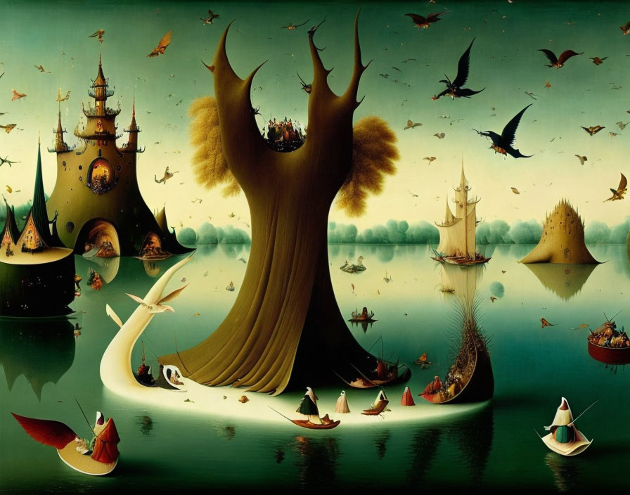 Surreal painting: large tree, castles, ships, birds in dreamlike seascape