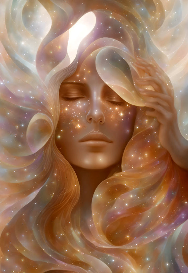 Illustration: Serene woman with cosmic hair and starry skin in peaceful pose