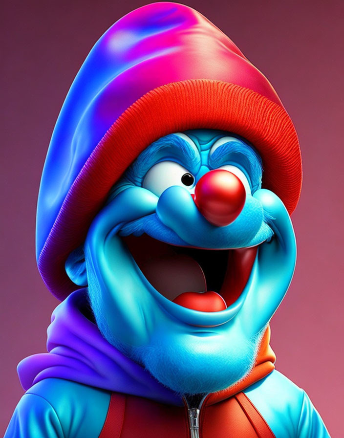 Vibrant 3D Smiling Character in Blue Skin with Red Nose and Beanie