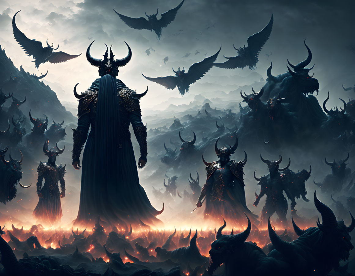 Dark Fantasy Landscape with Horned Figure, Menacing Beasts, and Fiery Background