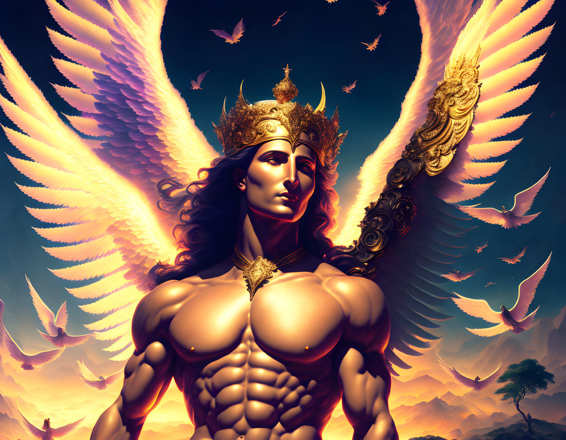 Muscular figure with angelic wings and crown in golden sky