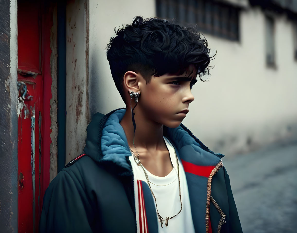 Curly-haired person by red door in stylish jacket