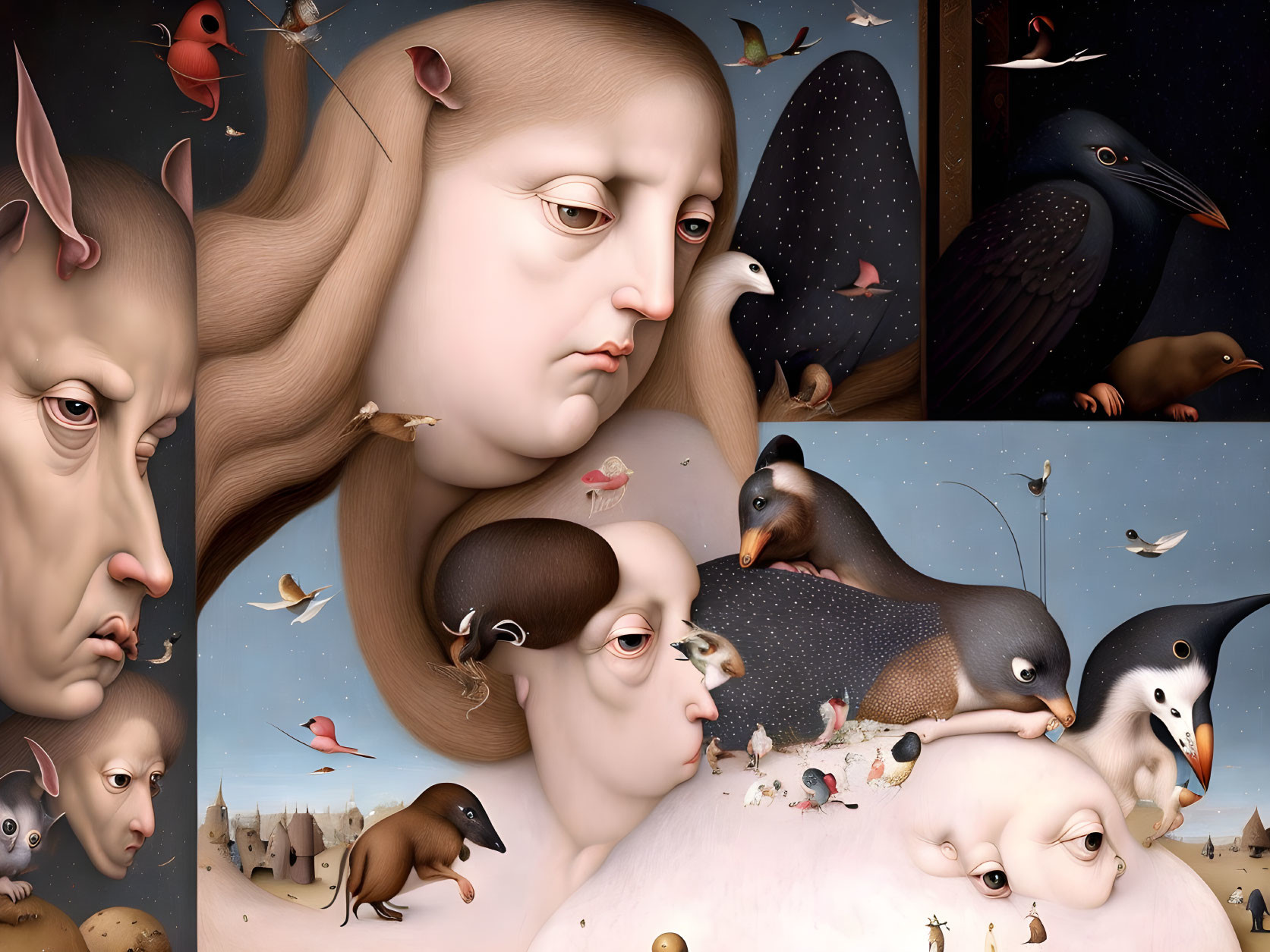 Surrealistic Artwork: Faces Merged with Bird-Like Features, Tiny Figures, and