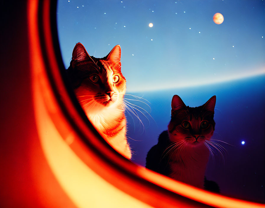 Two cats in spacecraft observing stars and planet through circular window