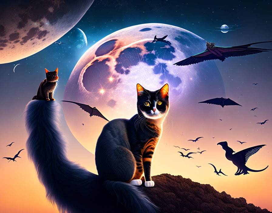 Fantastical scene: Two cats, dragons, moon, stars, planets.