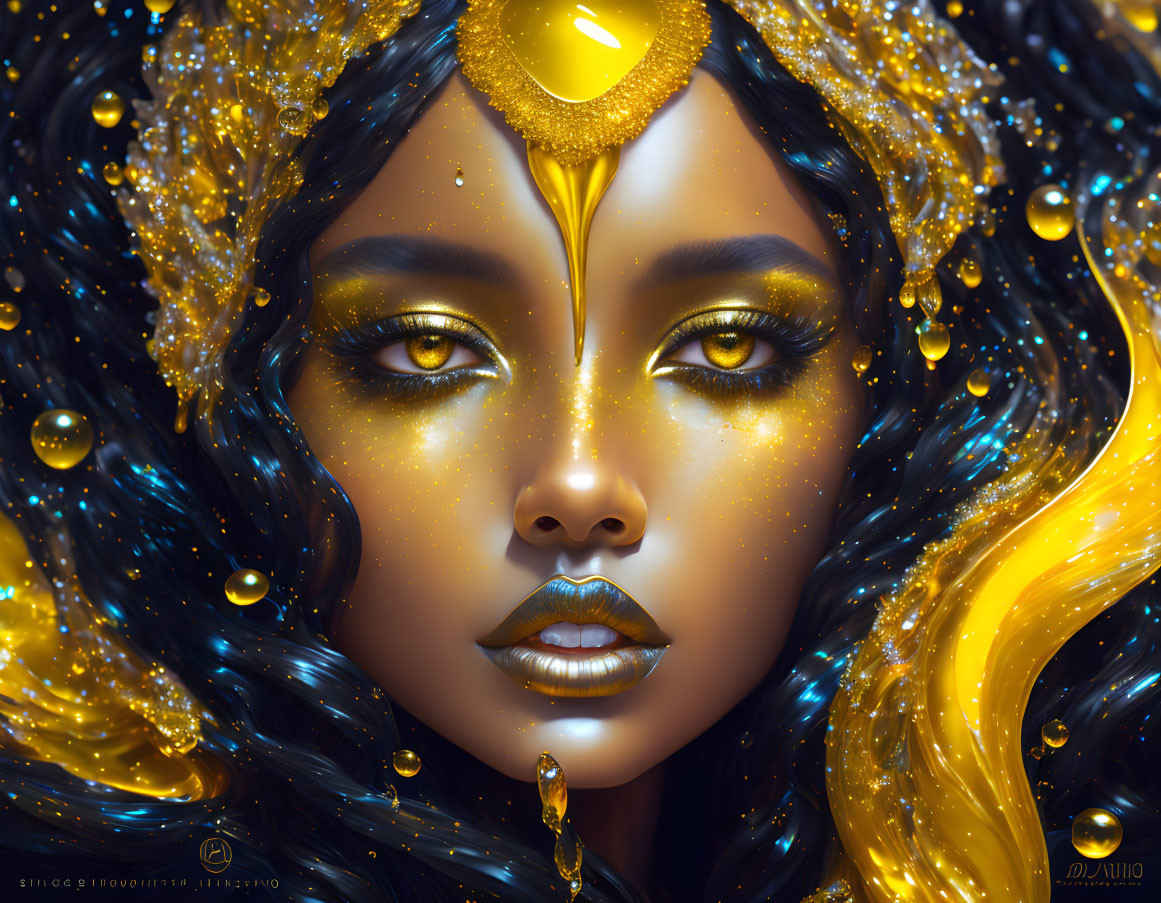 Fantasy portrait: Woman with golden eyes, moon marking, surrounded by stars & gold specks in