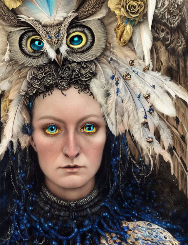 Surreal portrait of human-owl hybrid with intense eyes and nature-inspired elements