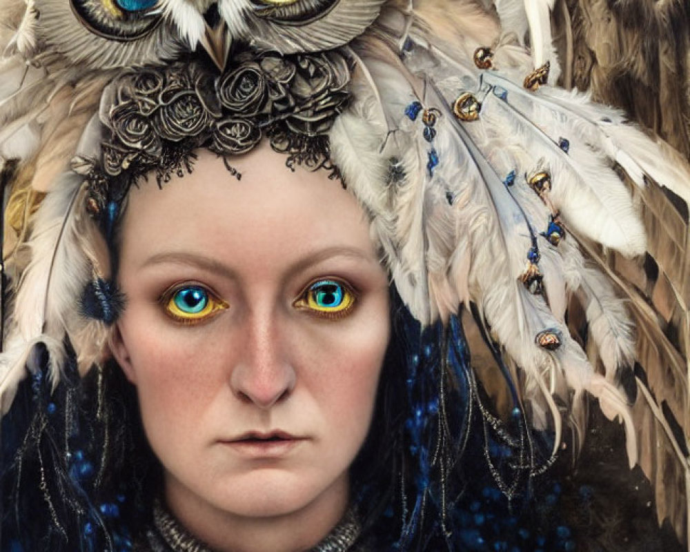 Surreal portrait of human-owl hybrid with intense eyes and nature-inspired elements