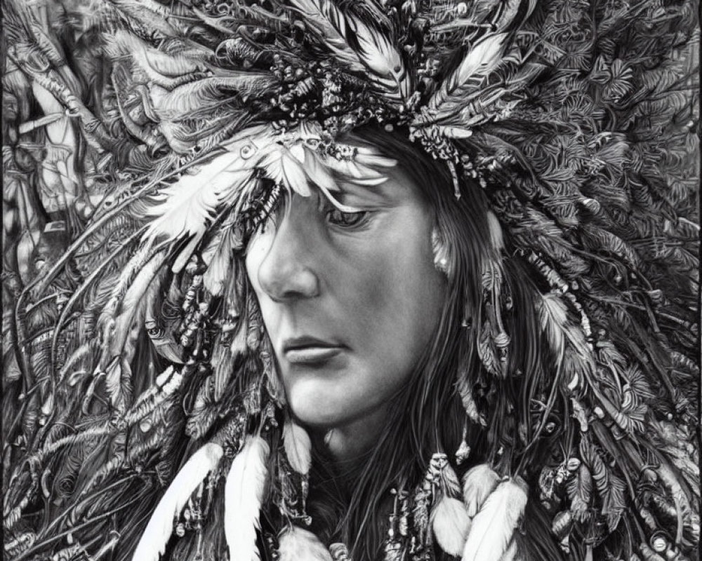 Detailed Black and White Sketch of Person in Native American Headdress