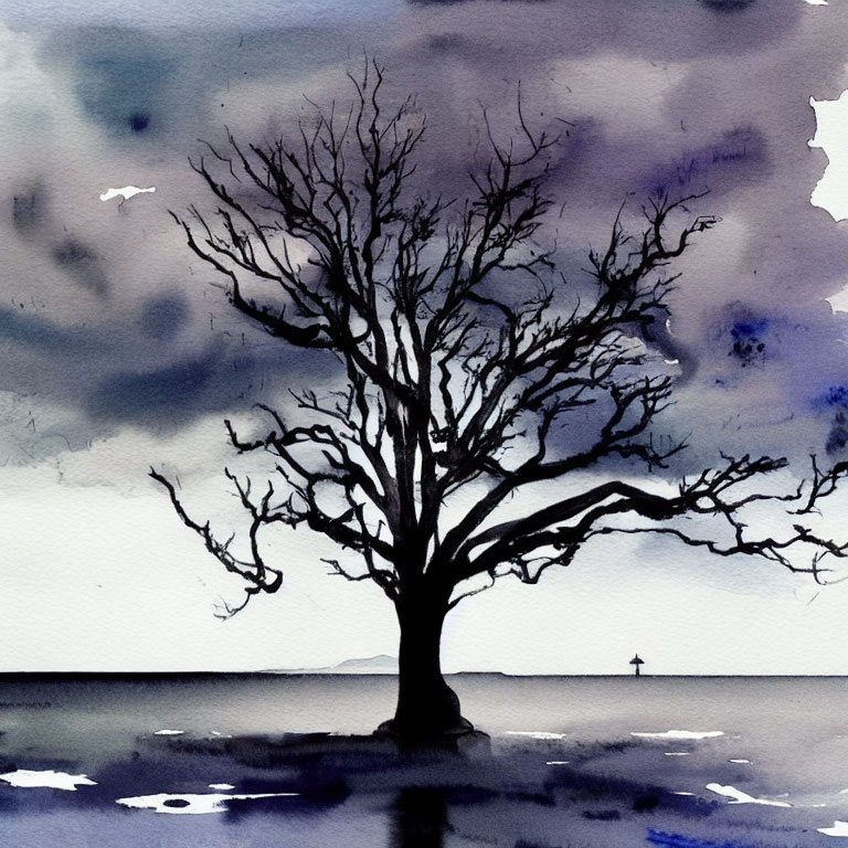 Watercolor painting of leafless tree in stormy sky with distant figure.