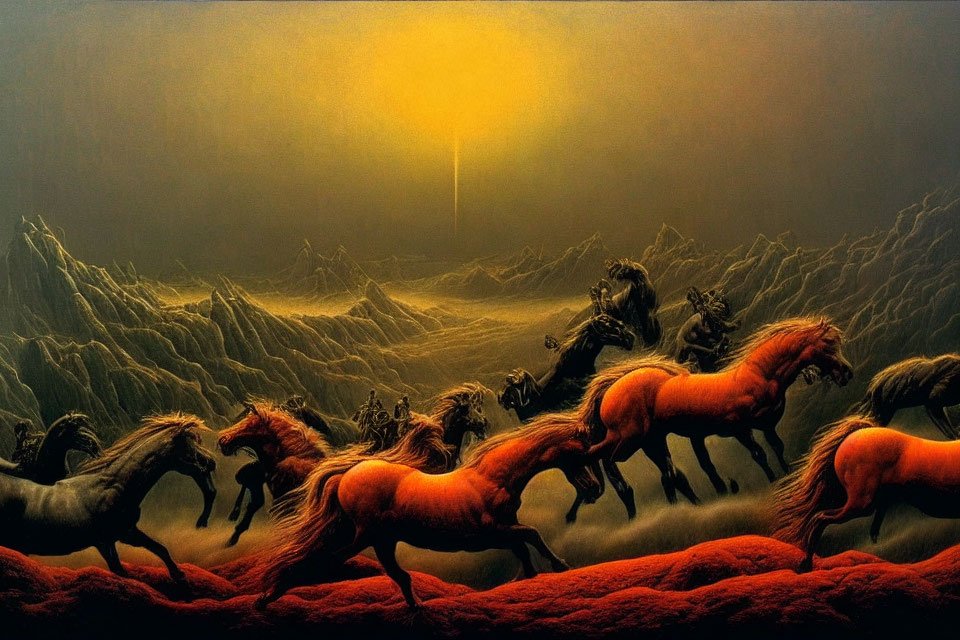 Chestnut horses galloping on rugged terrain under dramatic sky