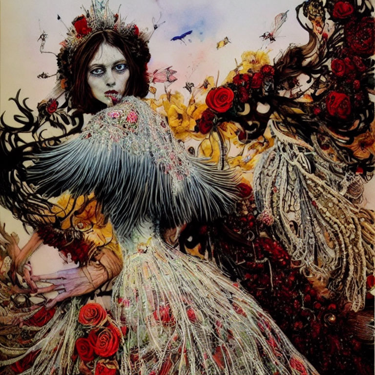 Detailed surreal portrait of woman in ornate gown amidst vibrant flowers