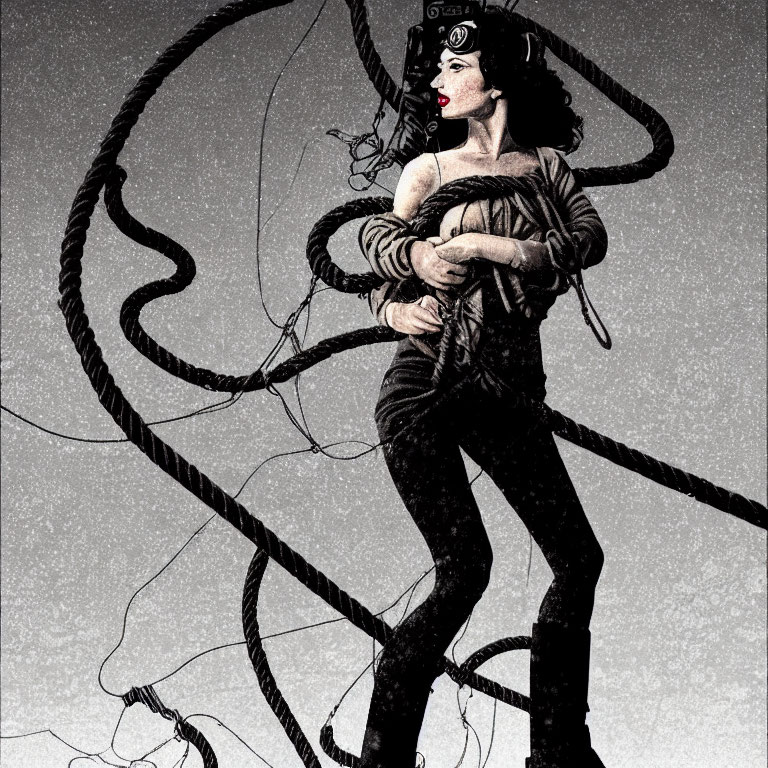 Monochrome image of woman entangled in thick cables