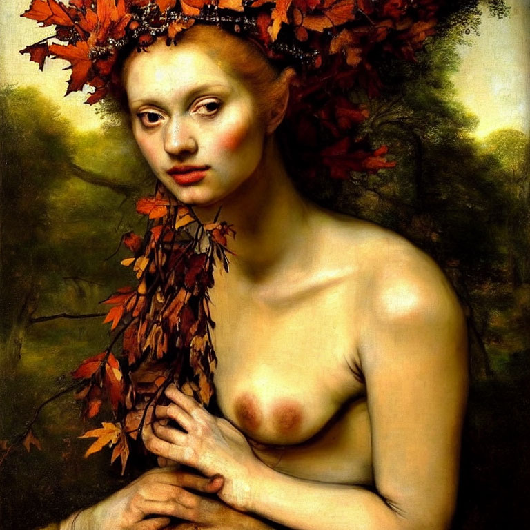 Portrait of Woman with Autumn Leaves in Hair, Contemplative Expression