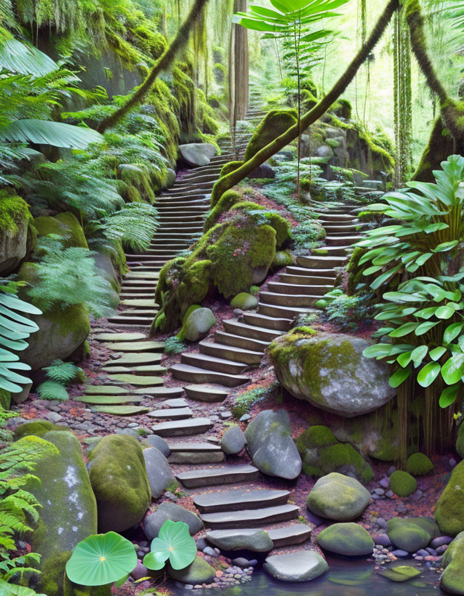 Scenic stone pathway through lush green forest