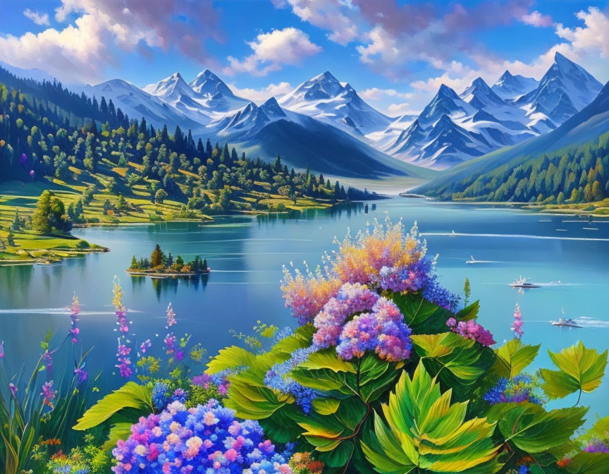 Serene lake landscape with islands, flowers, greenery, mountains