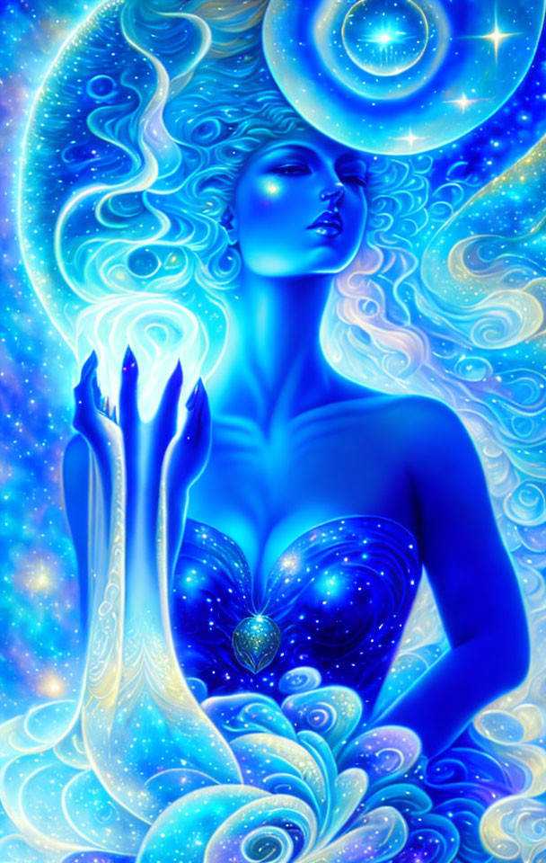 Blue-skinned woman surrounded by cosmic swirls and stars in serene pose